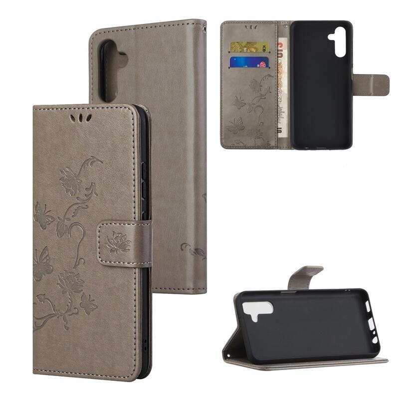 Virág PU bőr pénztárca tok Samsung Galaxy A13 5G/Galaxy A04s (164.7 x 76.7 x 9.1 mm) - szürke