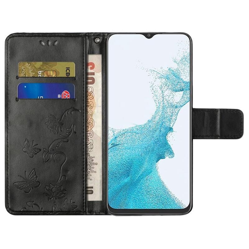 Virág PU bőr pénztárca tok Samsung Galaxy A23 4G/5G készülékhez - fekete