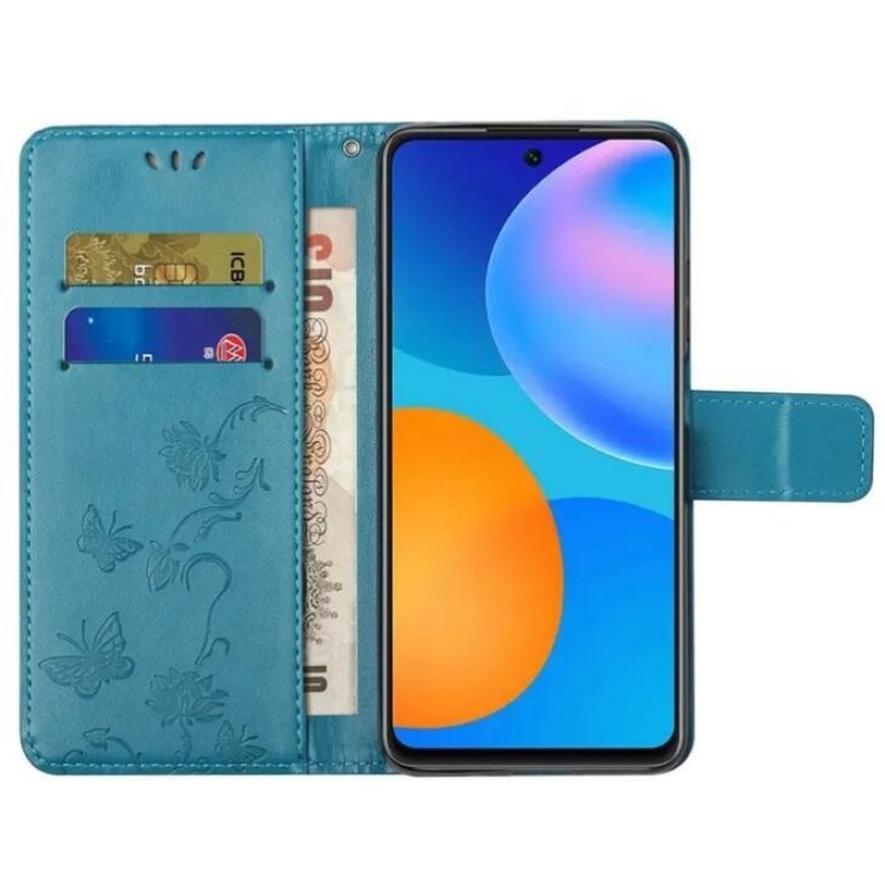 Virág PU bőr pénztárca tok Samsung Galaxy A32 4G-hoz - kék