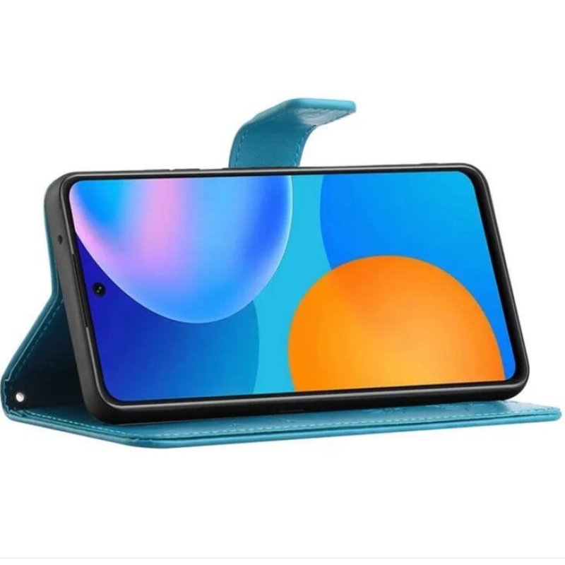 Virág PU bőr pénztárca tok Samsung Galaxy A32 4G-hoz - kék