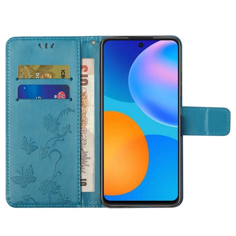 Virág PU bőr pénztárca tok Samsung Galaxy M23 5G-hez - kék