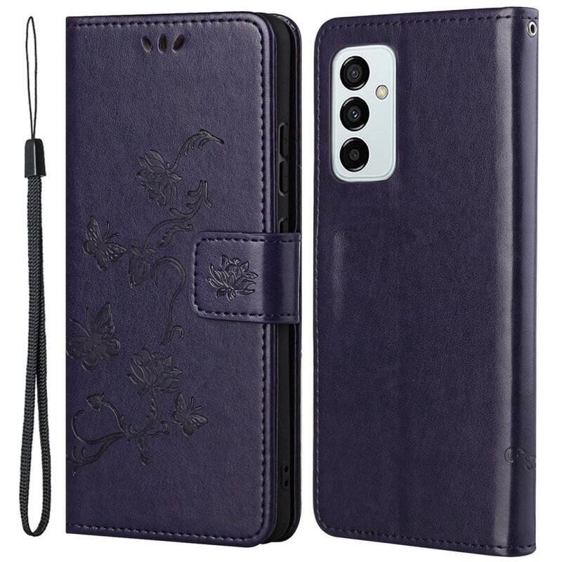 Virág PU bőr pénztárca tok Samsung Galaxy M23 5G - sötét lila