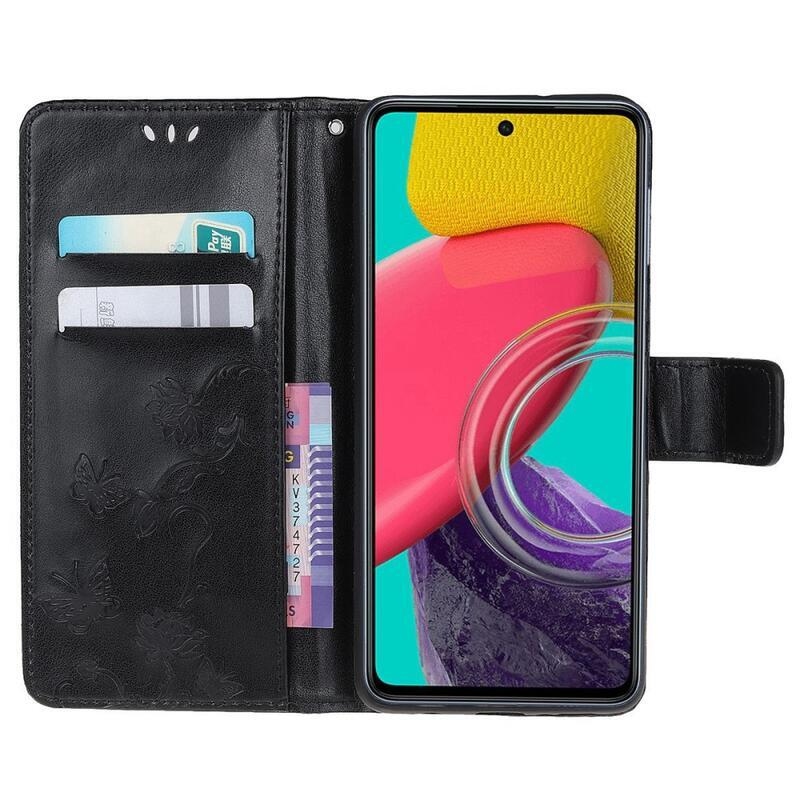 Virág PU bőr pénztárca tok Samsung Galaxy M53 5G-hez - fekete