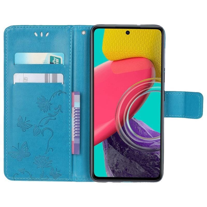Virág PU bőr pénztárca tok Samsung Galaxy M53 5G-hez - kék