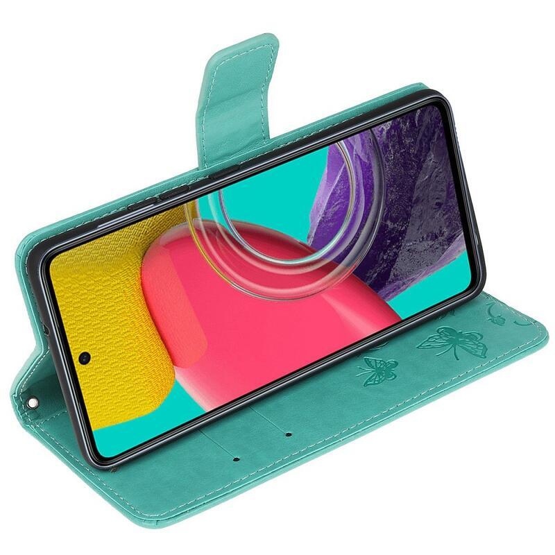 Virág PU bőr pénztárca tok Samsung Galaxy M53 5G-hez - kék színű