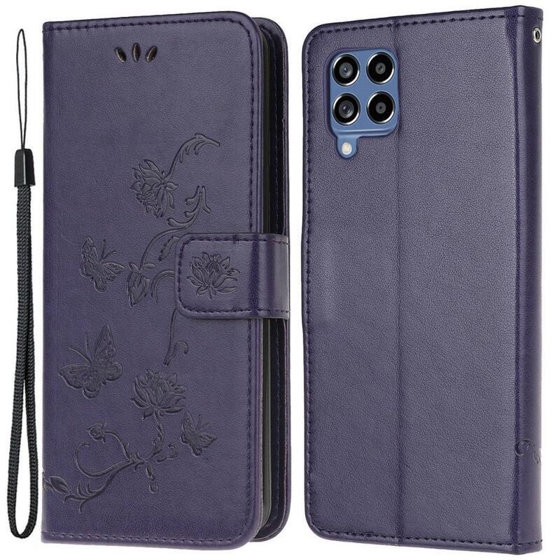 Virág PU bőr pénztárca tok Samsung Galaxy M53 5G - sötét lila