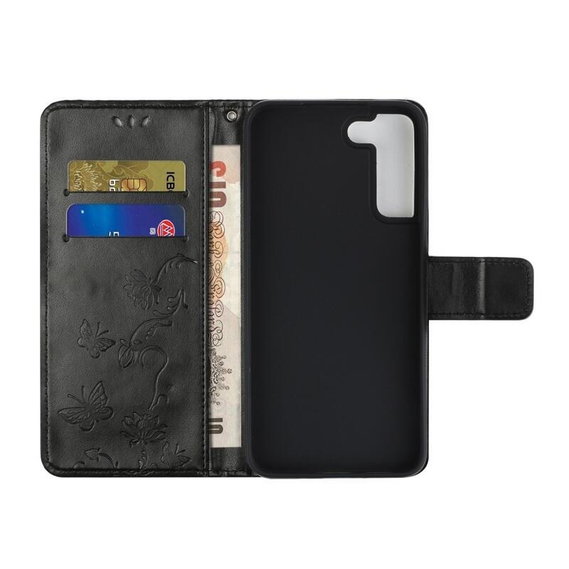 Virág PU bőr pénztárca tok Samsung Galaxy S22 5G-hez - fekete