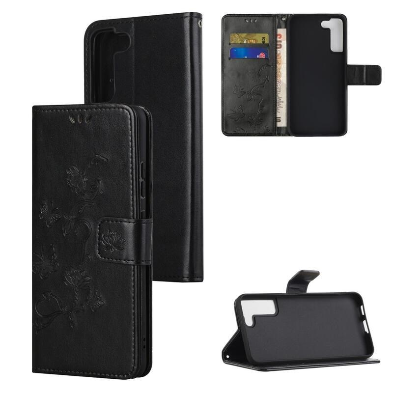 Virág PU bőr pénztárca tok Samsung Galaxy S22 5G-hez - fekete