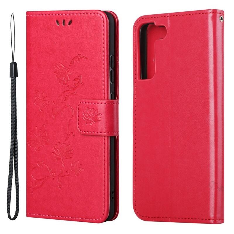 Virág PU bőr pénztárca tok Samsung Galaxy S22 5G-hez - piros