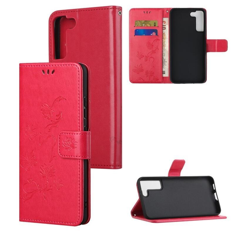 Virág PU bőr pénztárca tok Samsung Galaxy S22 5G-hez - piros