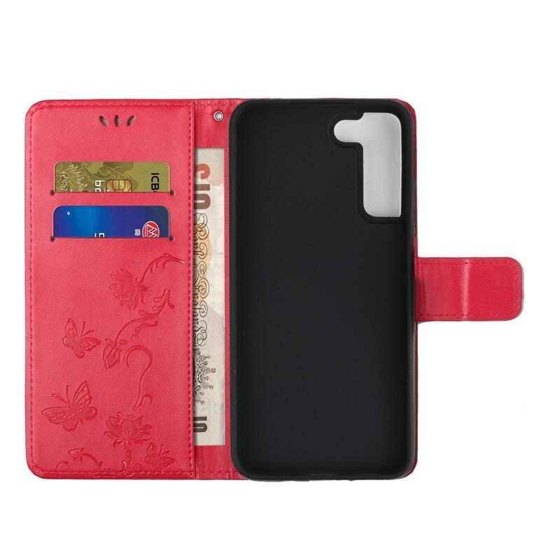 Virág PU bőr pénztárca tok Samsung Galaxy S22 5G-hez - piros