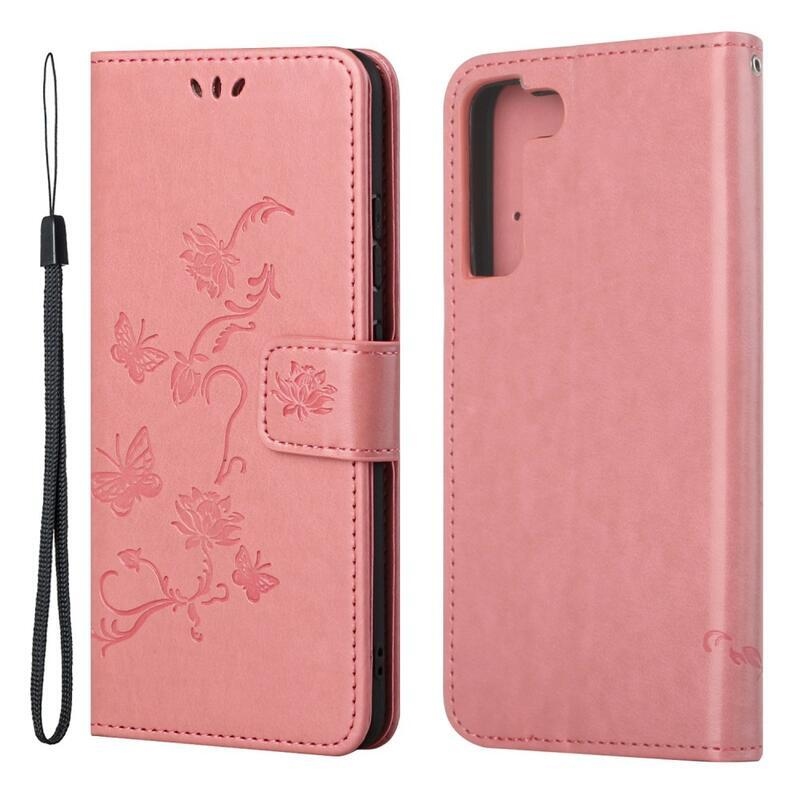 Virág PU bőr pénztárca tok Samsung Galaxy S22 5G - rózsaszín