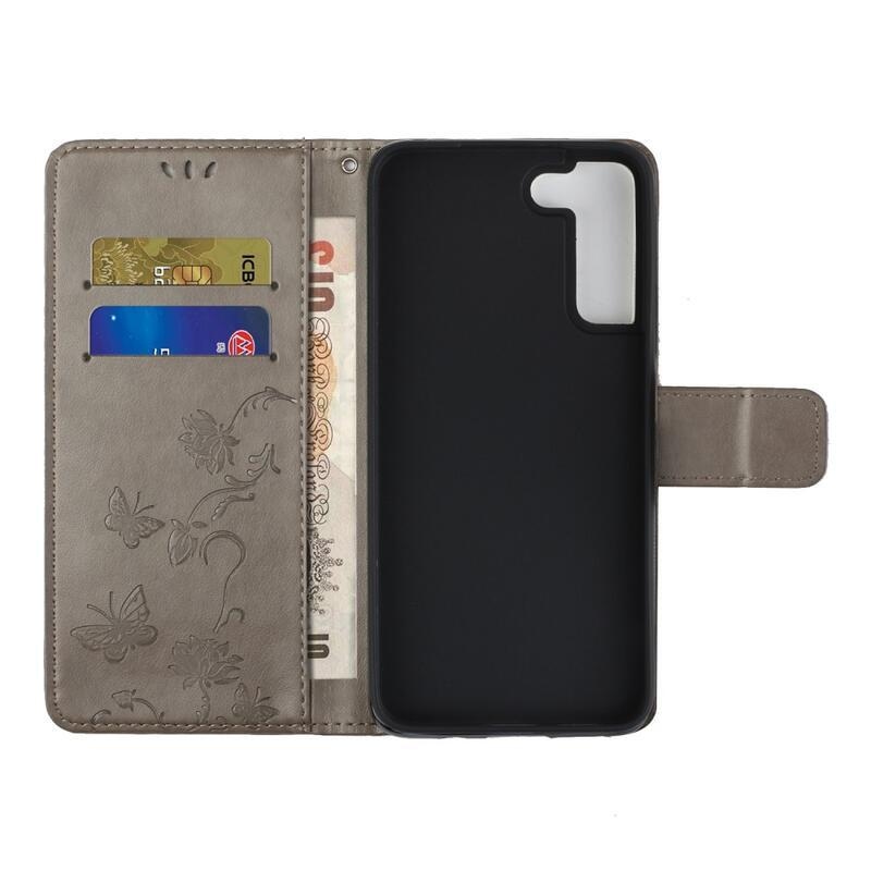 Virág PU bőr pénztárca tok Samsung Galaxy S22 5G - szürke