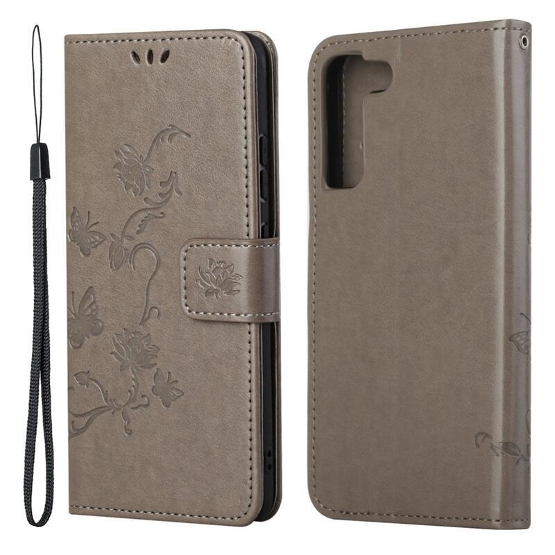 Virág PU bőr pénztárca tok Samsung Galaxy S22 5G - szürke