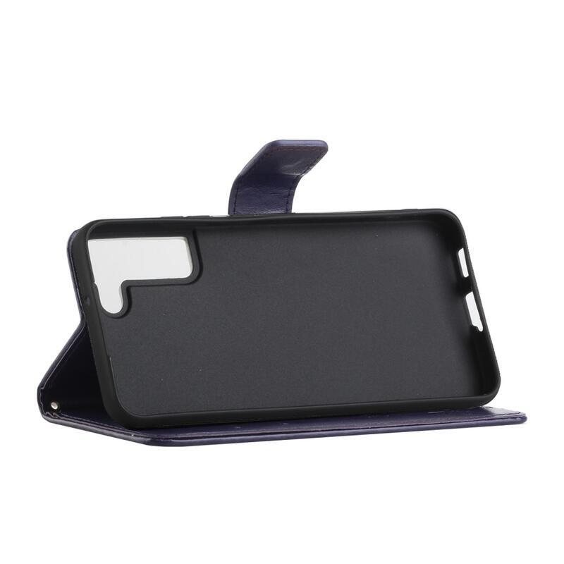 Virág PU bőr pénztárca tok Samsung Galaxy S22 5G - sötét lila