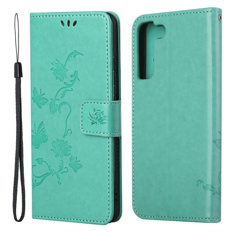 Virág PU bőr pénztárca tok Samsung Galaxy S22 5G-hez - zöld