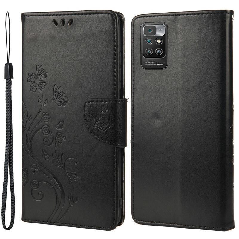 Virág PU bőr pénztárca tok Xiaomi Redmi 10/Redmi 10 (2022) - fekete