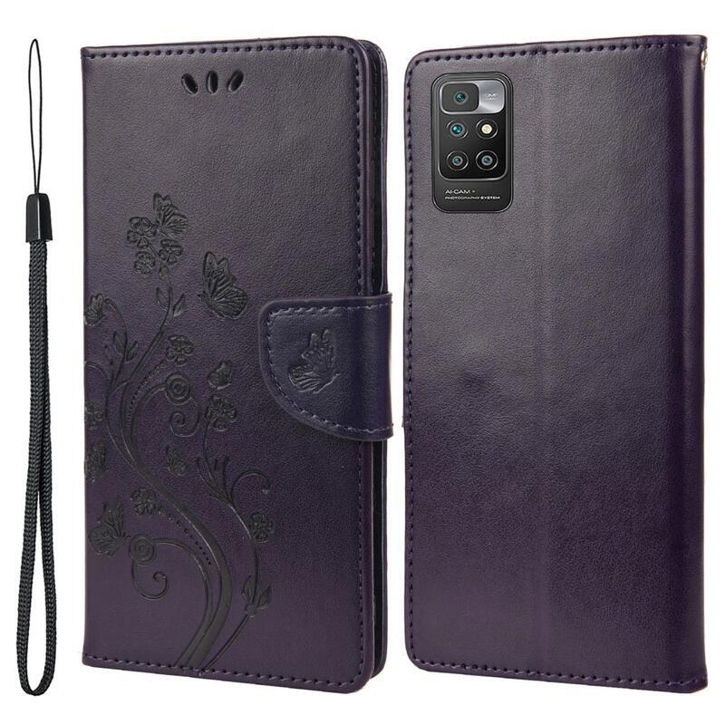 Virág PU bőr pénztárca tok Xiaomi Redmi 10/Redmi 10 (2022) - sötét lila