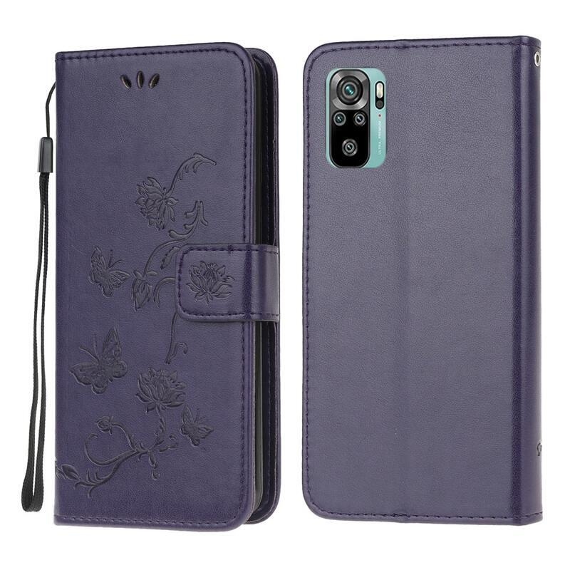 Virág PU bőr pénztárca tok Xiaomi Redmi Note 10 4G/Redmi Note 10S/Poco M5s - sötét lila