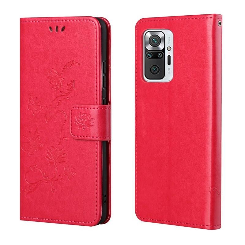 Virág PU bőr pénztárca tok Xiaomi Redmi Note 10 Pro-hoz - piros