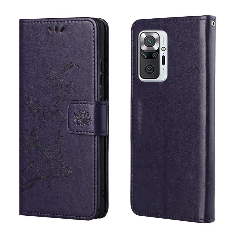 Virág PU bőr pénztárca tok Xiaomi Redmi Note 10 Pro-hoz - sötétlila