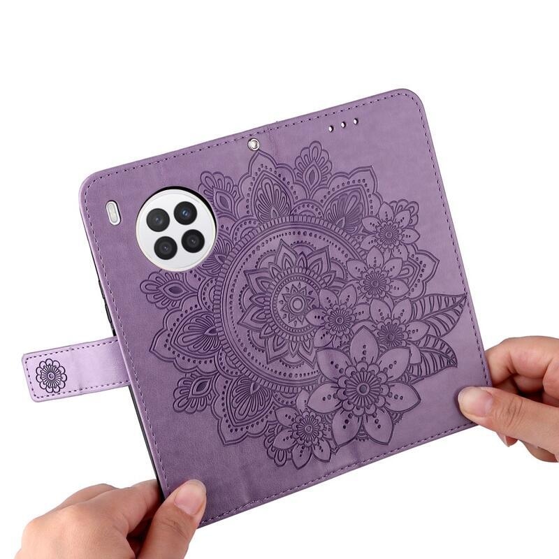 Virág PU bőr pénztárca tok Huawei Nova 8i/Honor 50 Lite-hoz - lila