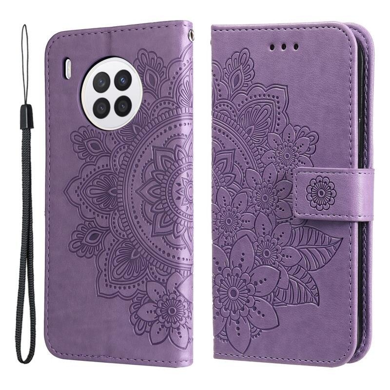 Virág PU bőr pénztárca tok Huawei Nova 8i/Honor 50 Lite-hoz - lila