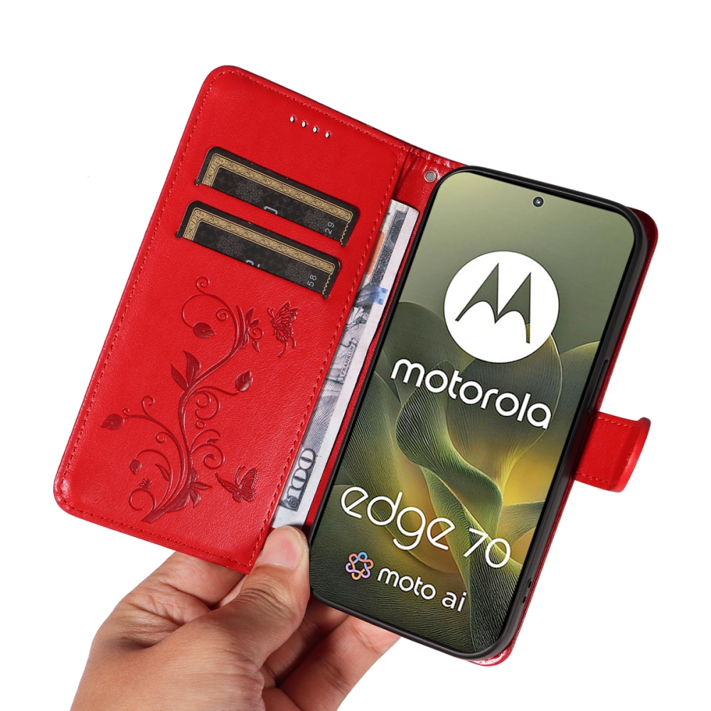Virágok könyvtáska a Motorola Edge 70 5G-hez - piros