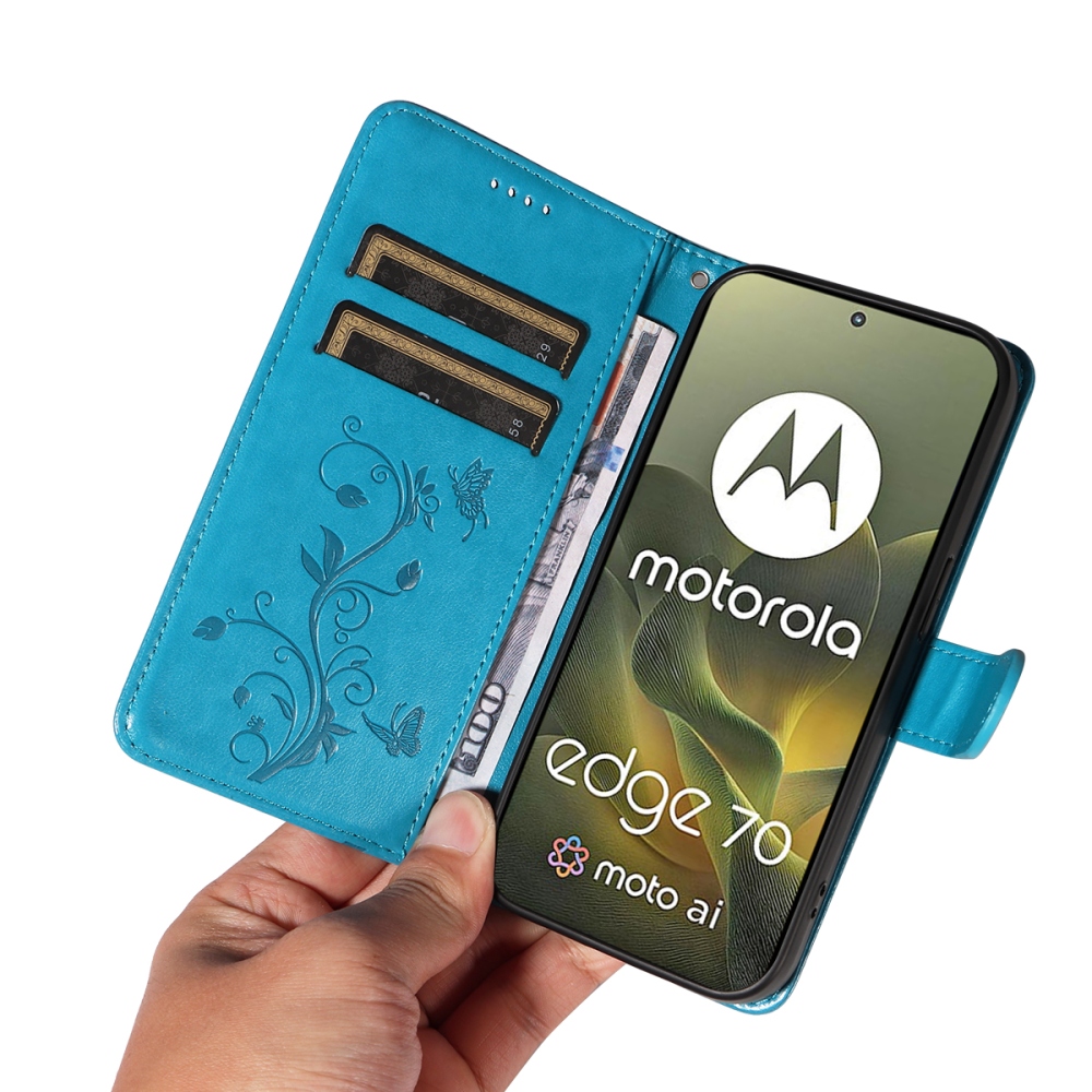 Virágok könyvtáska a Motorola Edge 70 5G készülékhez - kék