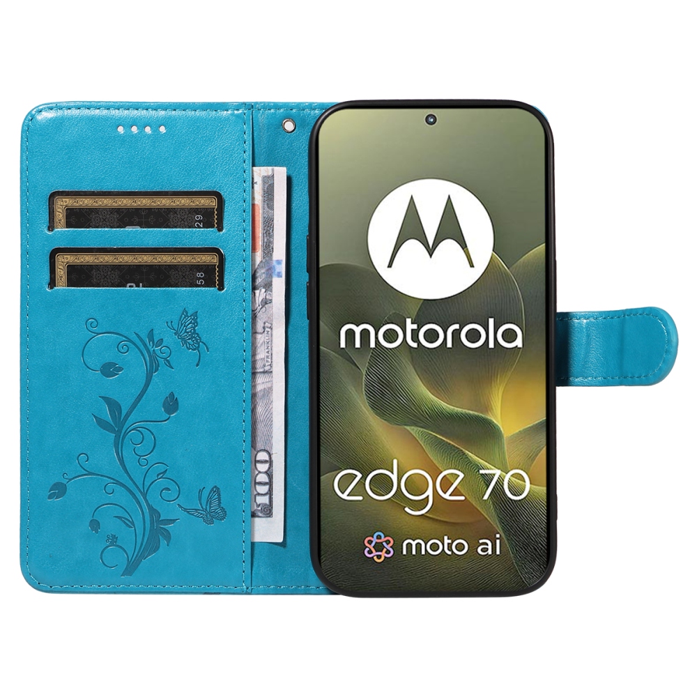 Virágok könyvtáska a Motorola Edge 70 5G készülékhez - kék