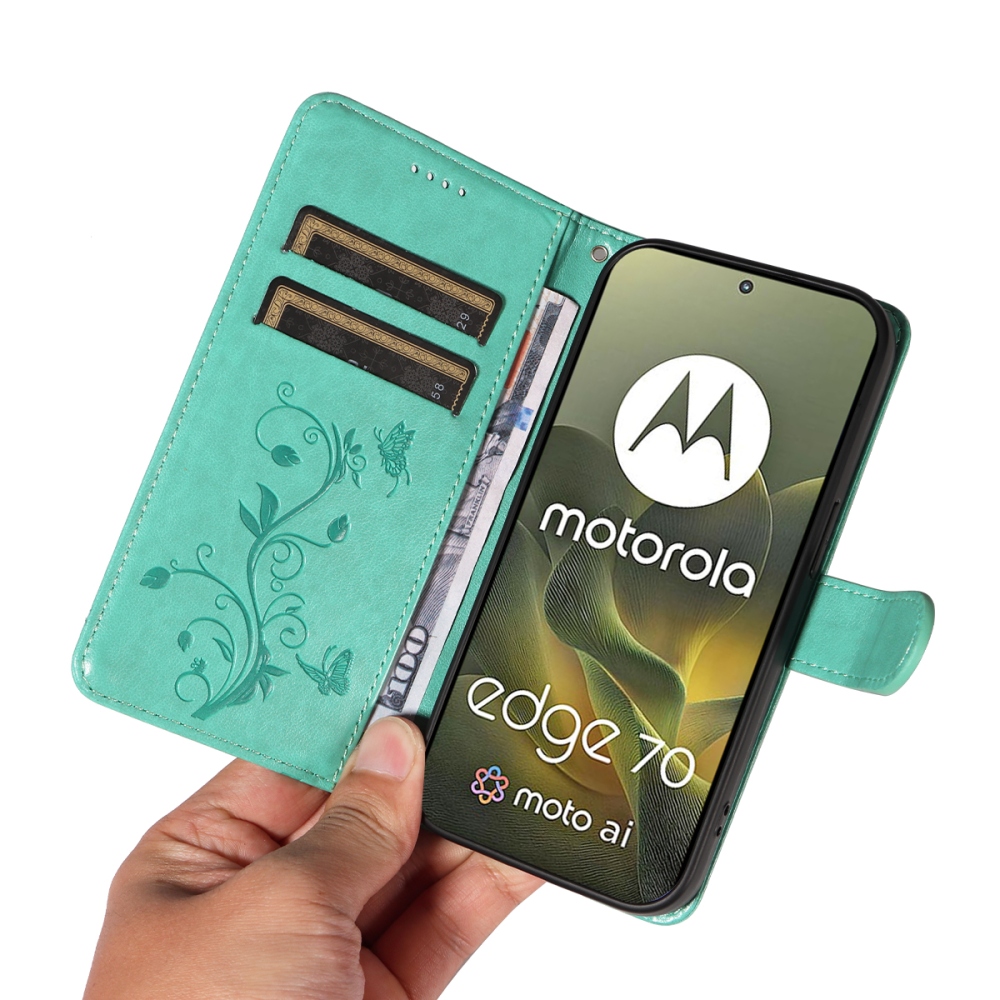 Virágok könyvtáska a Motorola Edge 70 5G-hez - teal színű