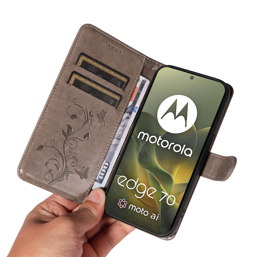 Virágok könyvtáska a Motorola Edge 70 5G készülékhez - szürke