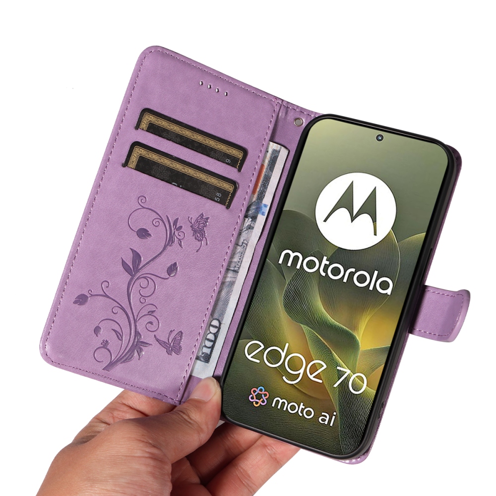 Virágok könyvtáska a Motorola Edge 70 5G-hez - világos lila