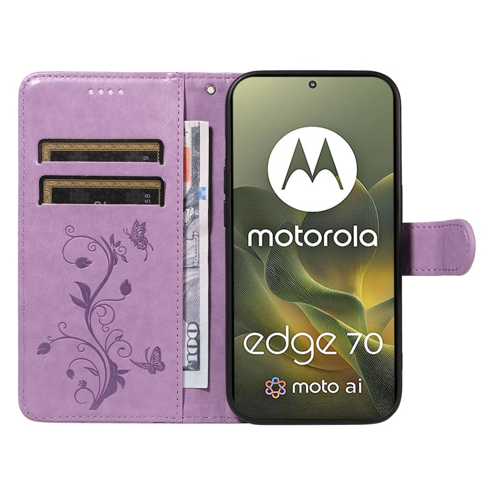 Virágok könyvtáska a Motorola Edge 70 5G-hez - világos lila