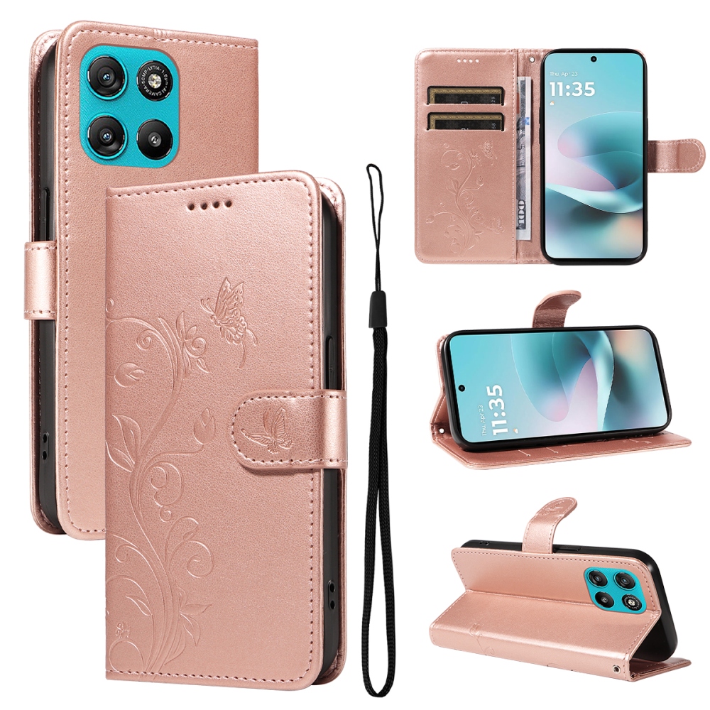 Flowers könyvformájú tok a Motorola Moto G57 Power 5G-hez – rózsaszín-arany