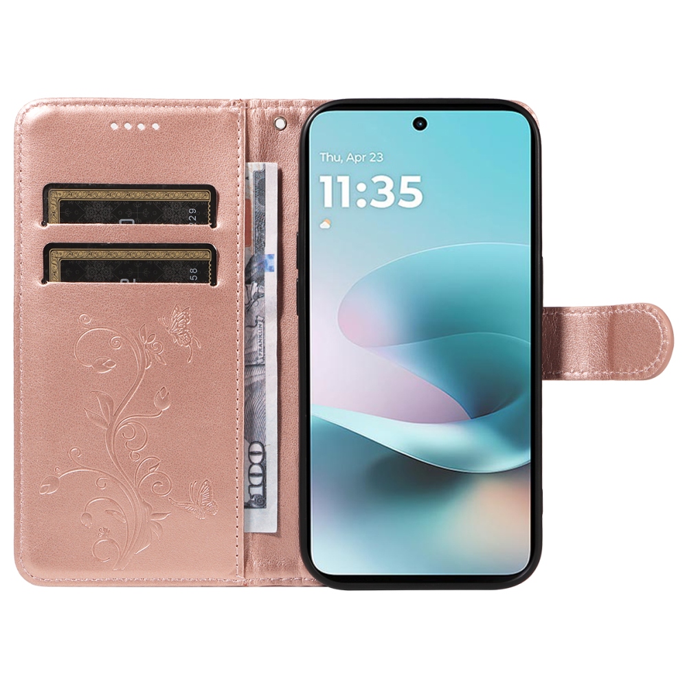 Flowers könyvformájú tok a Motorola Moto G57 Power 5G-hez – rózsaszín-arany