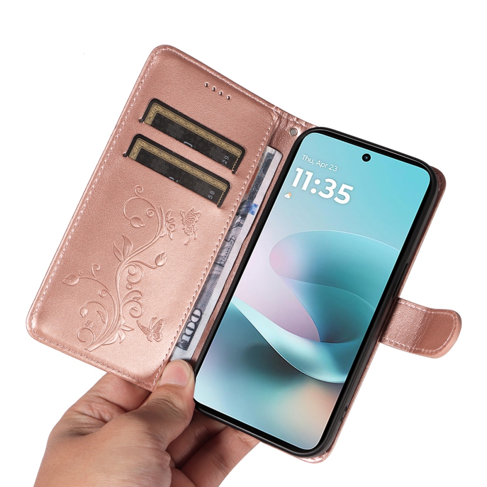 Flowers könyvformájú tok a Motorola Moto G57 Power 5G-hez – rózsaszín-arany