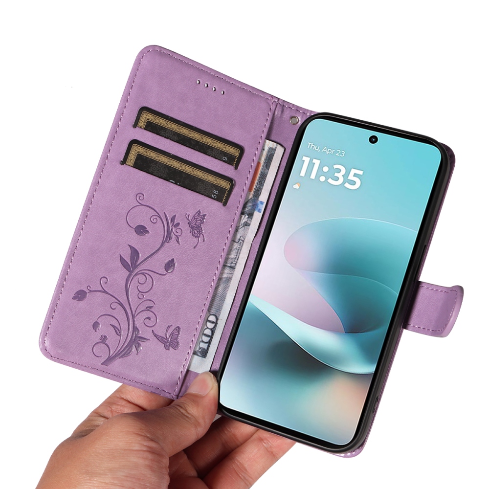 Flowers könyvformájú tok a Motorola Moto G57 Power 5G-hez – világos lila
