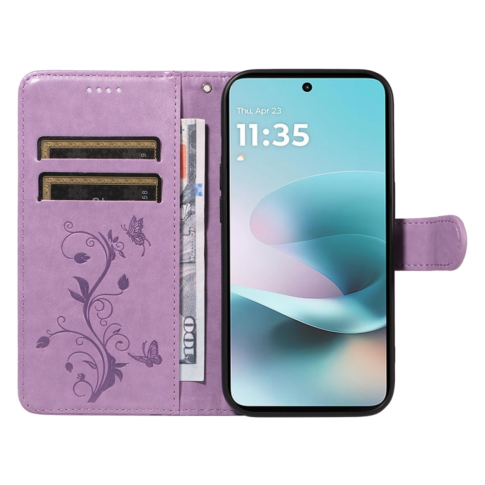 Flowers könyvformájú tok a Motorola Moto G57 Power 5G-hez – világos lila