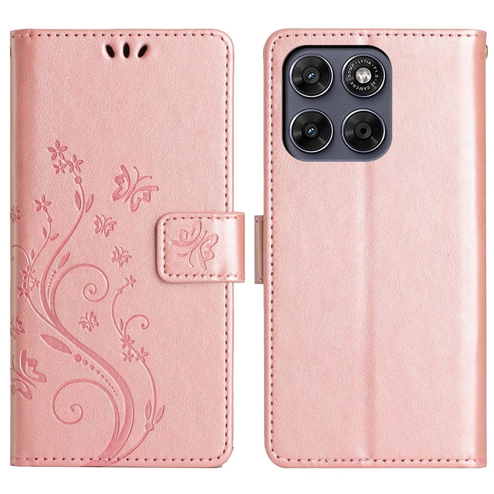 Flowers könyvformájú tok a Motorola Moto G87 5G/G77 5G/G67 5G készülékekhez – rózsaszín-arany