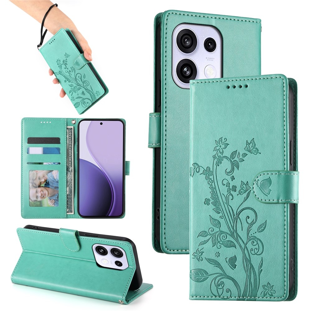 Flowers könyvformájú tok az Oppo Reno 16 FS 5G-hez – kék-zöld