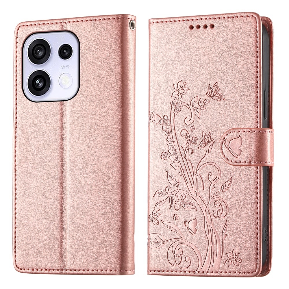 Flowers könyvformájú tok az Oppo Reno 16 FS 5G-hez – rózsaszín-arany