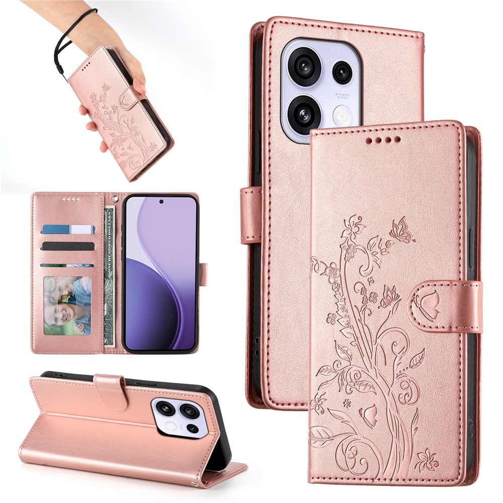 Flowers könyvformájú tok az Oppo Reno 16 FS 5G-hez – rózsaszín-arany