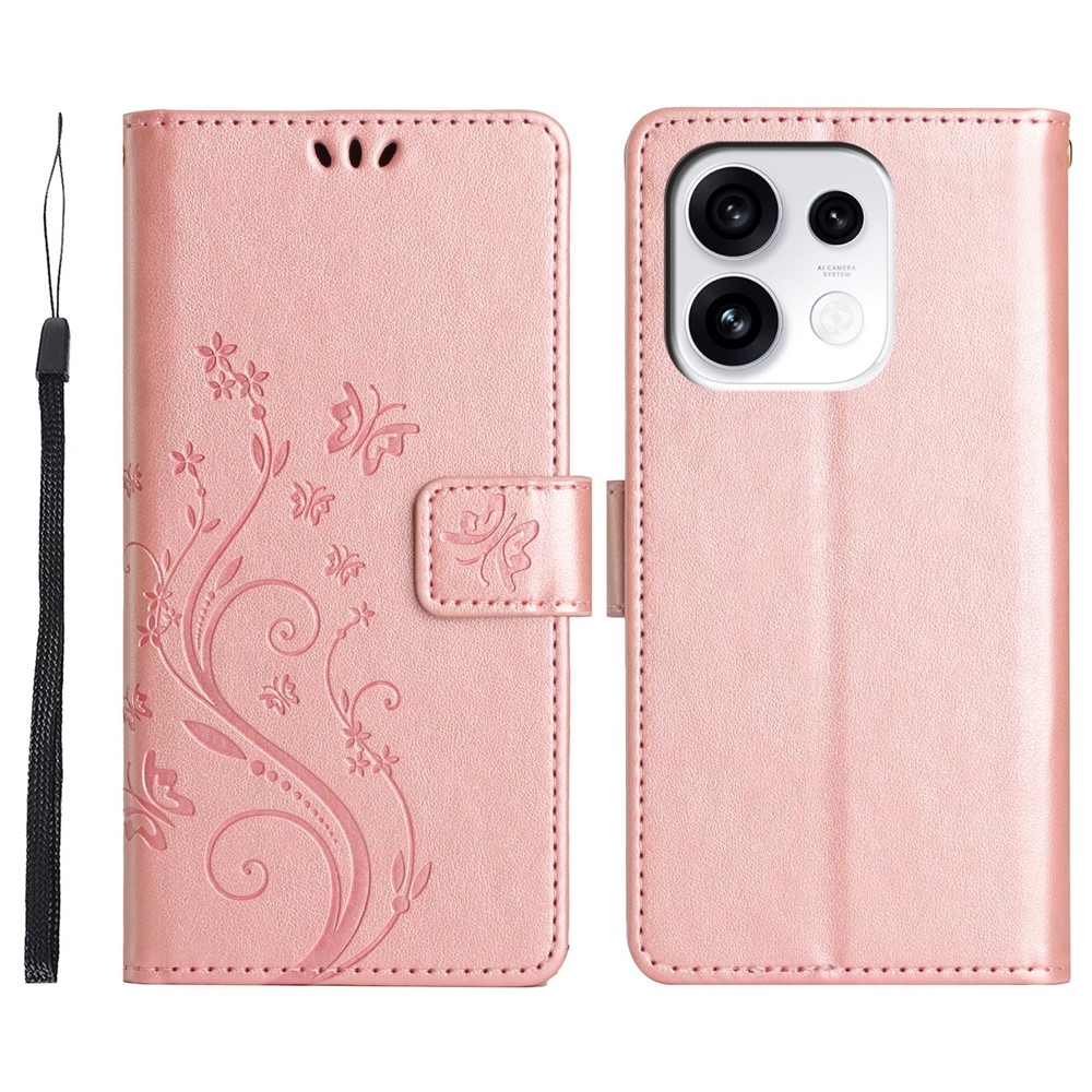Flowers könyvformájú tok az Oppo Reno 16 Pro 5G-hez – rózsaszín-arany