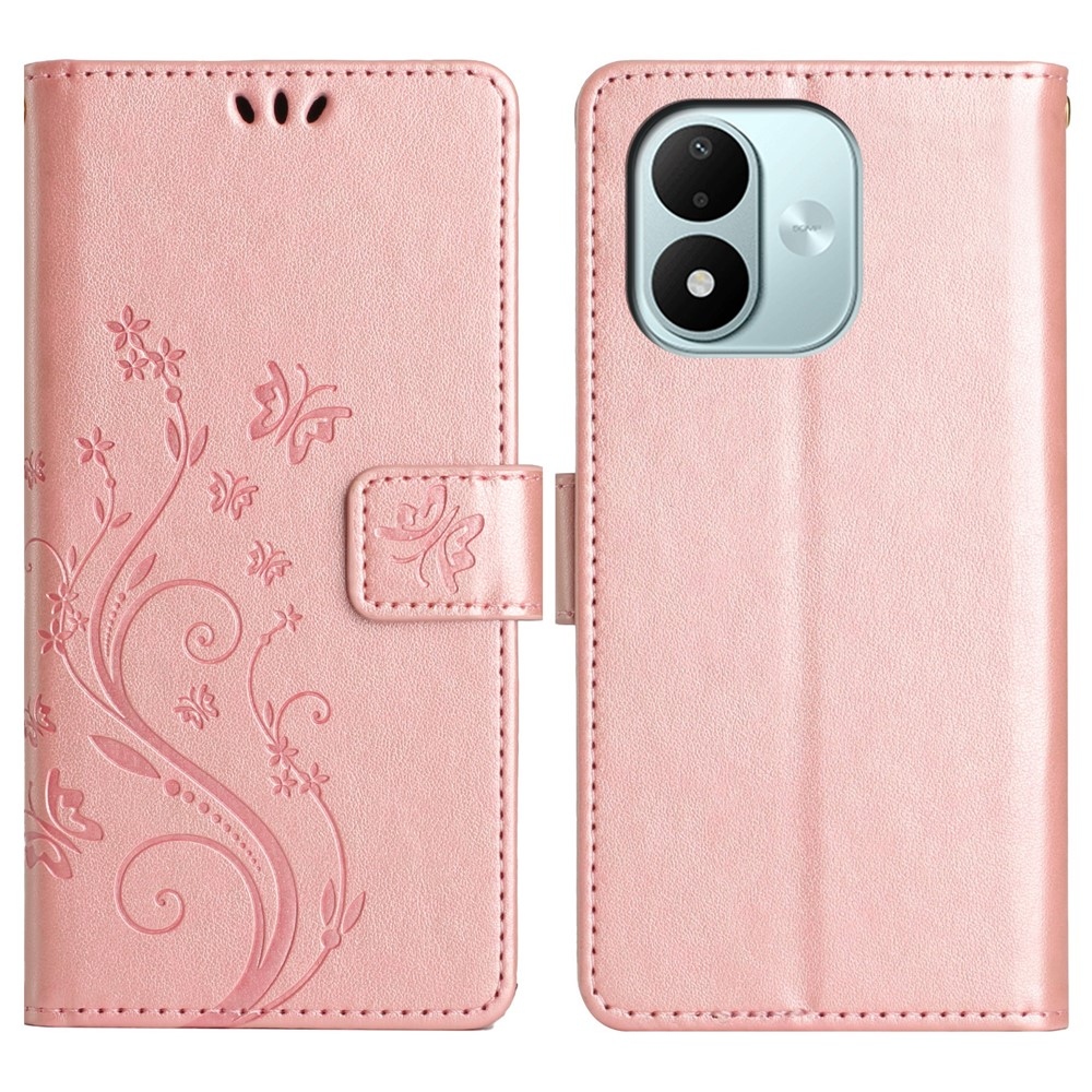 Flowers könyvformájú tok a Xiaomi Redmi Note 17 4G/5G-hez – rózsaszín-arany