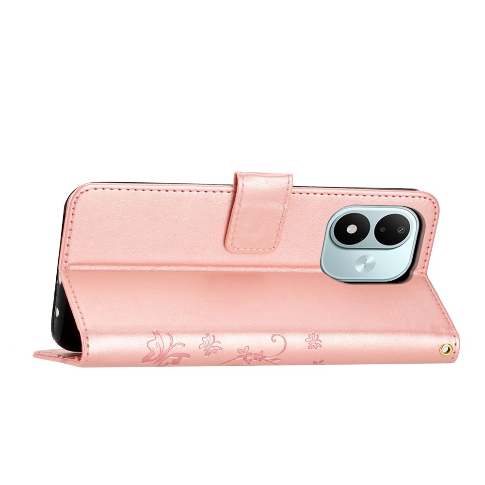 Flowers könyvformájú tok a Xiaomi Redmi Note 17 4G/5G-hez – rózsaszín-arany