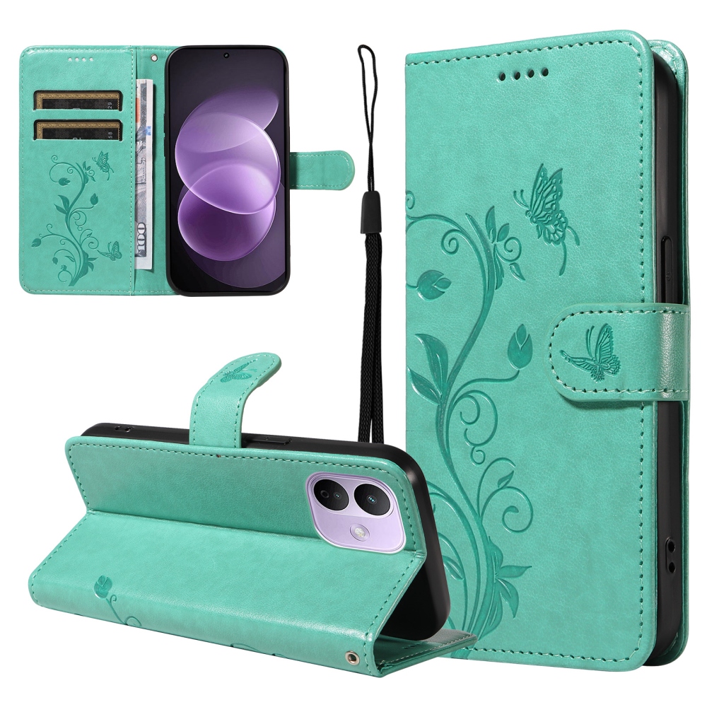 Flowers könyvformájú tok a Xiaomi Redmi Note 17 Pro 5G-hez – kékeszöld
