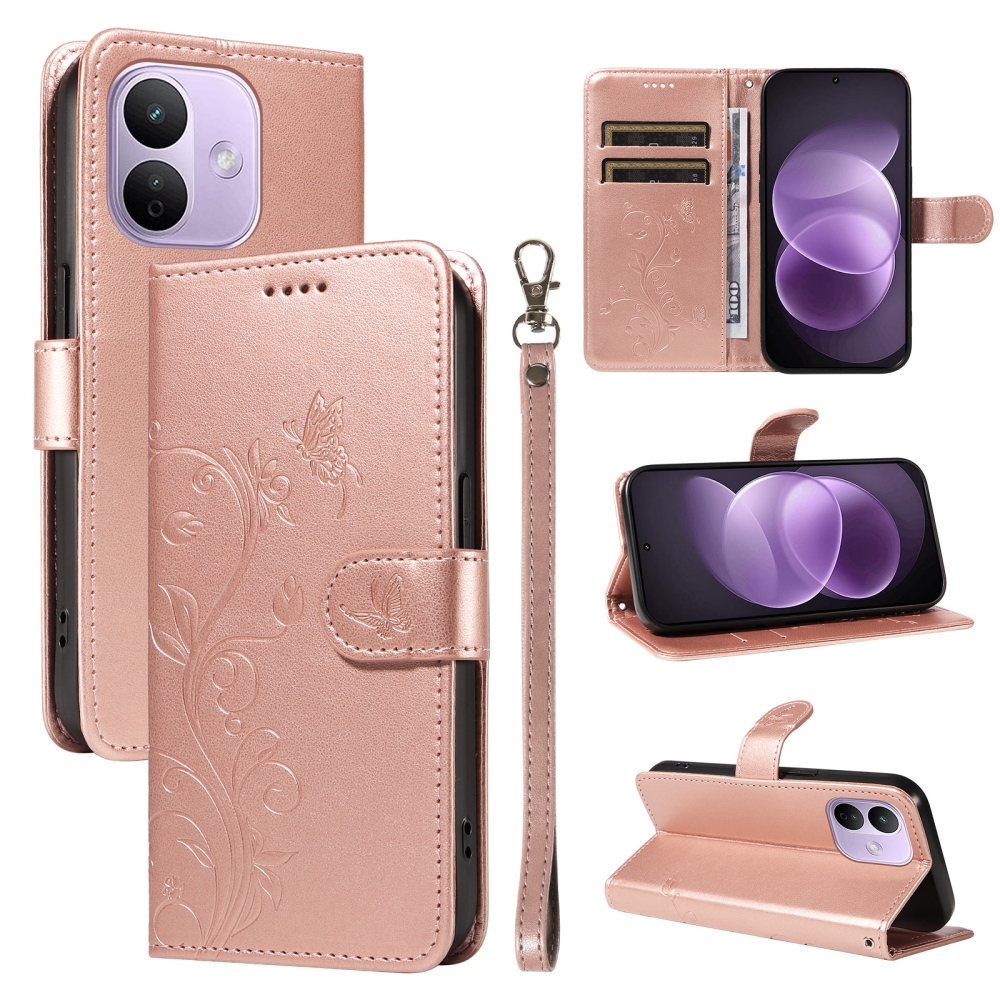 Flowers könyvformájú tok a Xiaomi Redmi Note 17 Pro 5G-hez – rózsaszín-arany