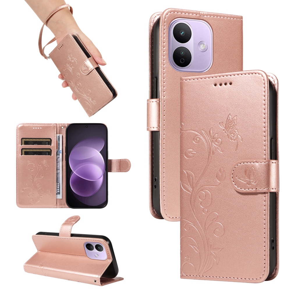 Flowers könyvformájú tok a Xiaomi Redmi Note 17 Pro 5G-hez – rózsaszín-arany