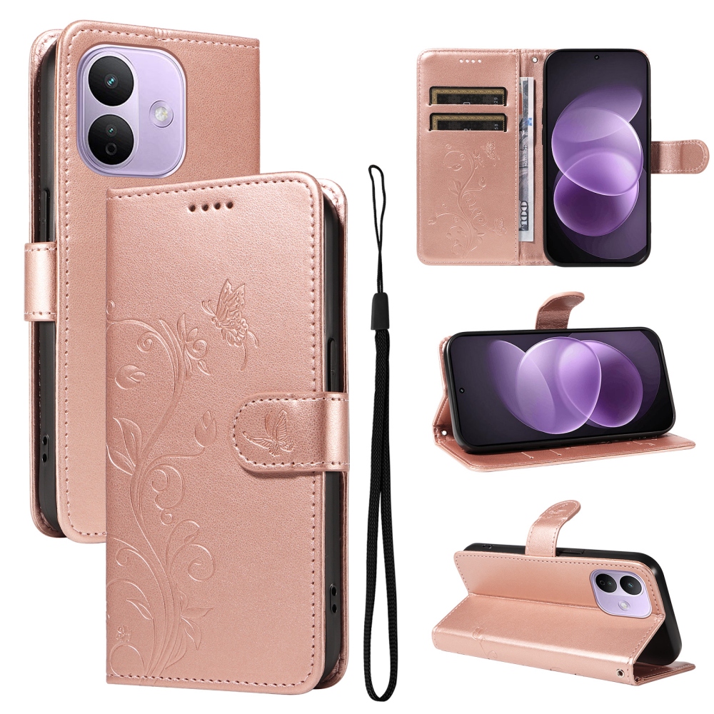 Flowers könyvformájú tok a Xiaomi Redmi Note 17 Pro 5G-hez – rózsaszín-arany